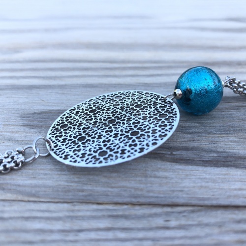 Sautoir filigrane perle de murano bleu canard